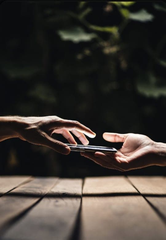 One hand passing a phone to another across a wooden table.