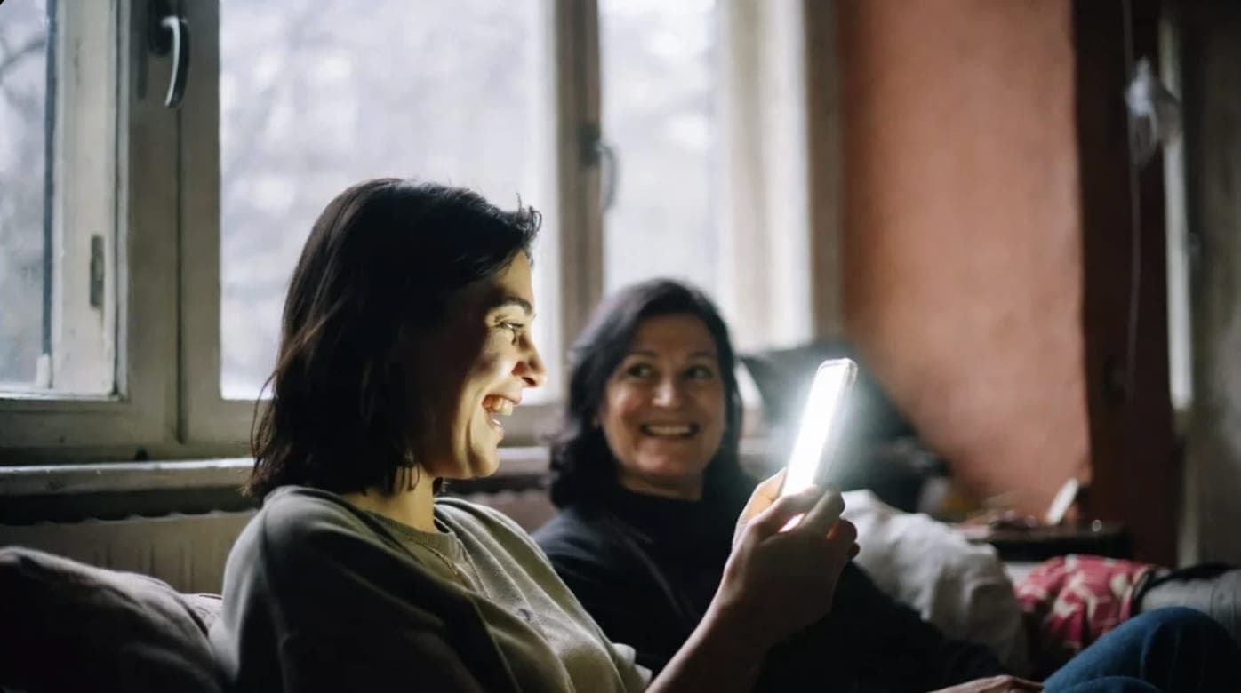 A young woman laughing at a phone she is holding up, an older woman beside her smiling at the same screen, daylight coming through the window behind them.
